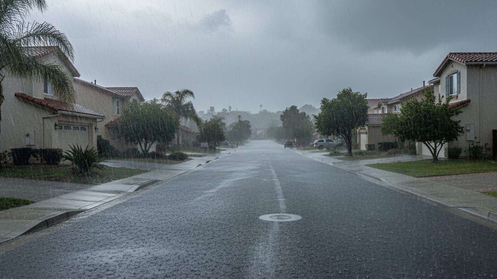 Lluvia intensa y escurrimiento durante una tormenta de río atmosférico en un vecindario residencial del condado de San Diego
