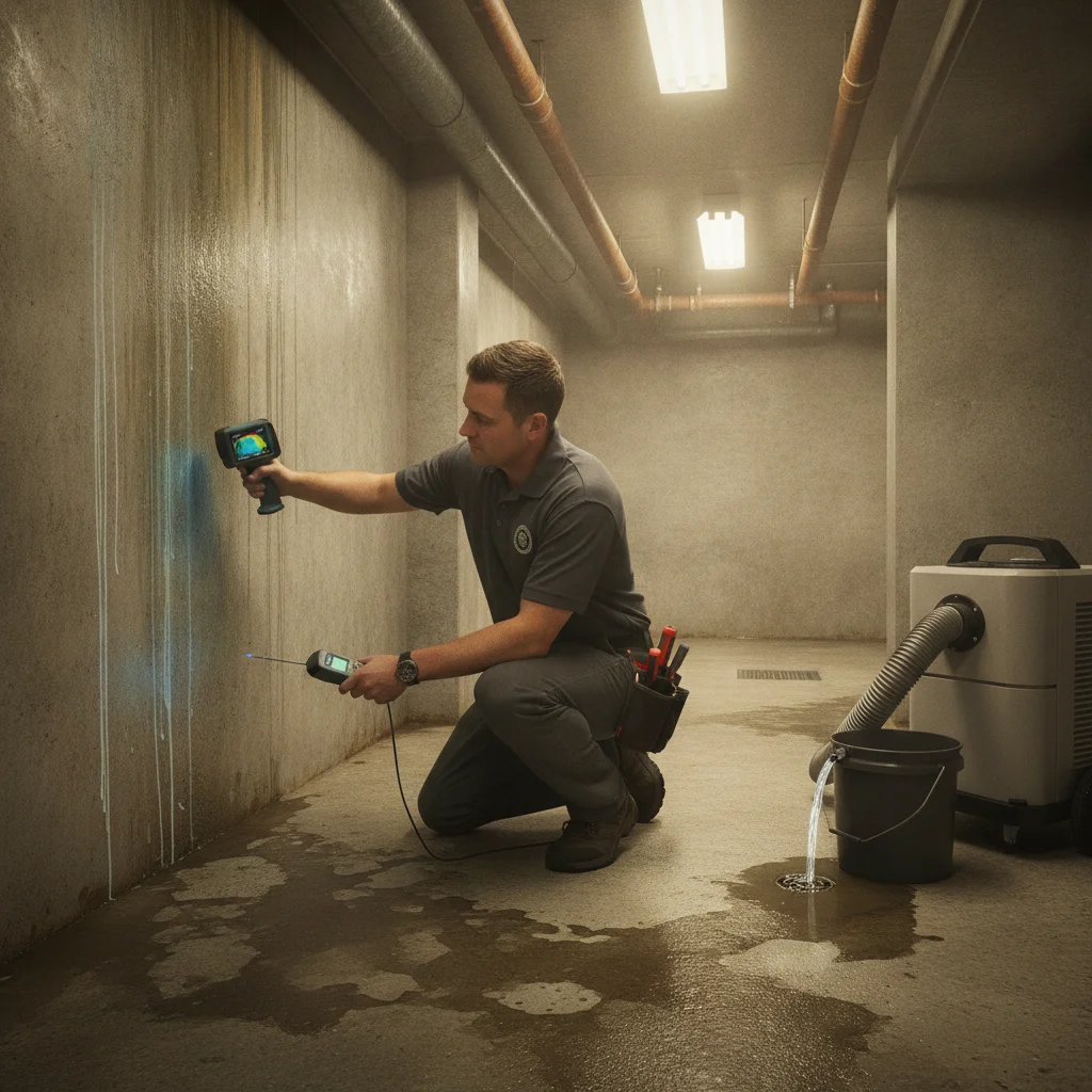 An independent restoration professional mapping basement moisture along flooring, walls, and an adjoining room