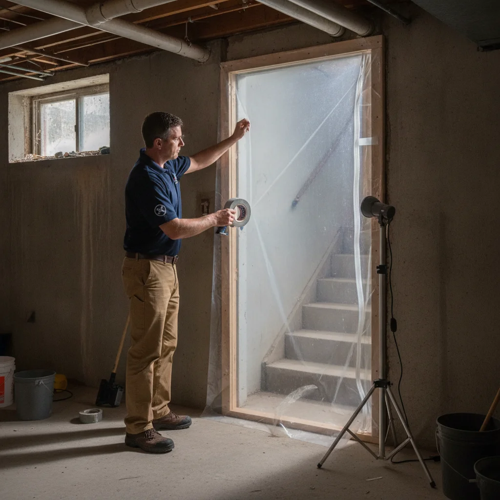 An independent remediation professional hanging containment sheeting across a basement doorway before removal begins