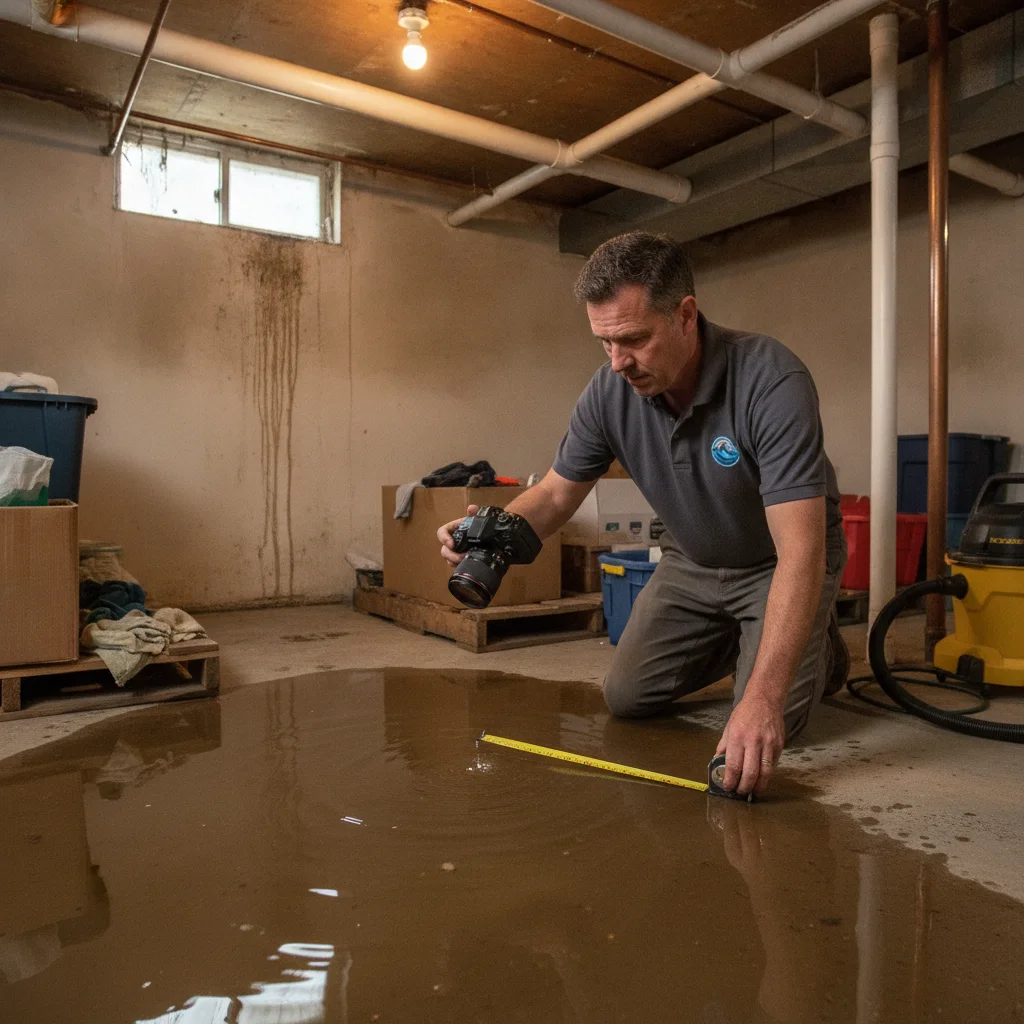 Oceanside homeowner photographing shallow water on a basement floor