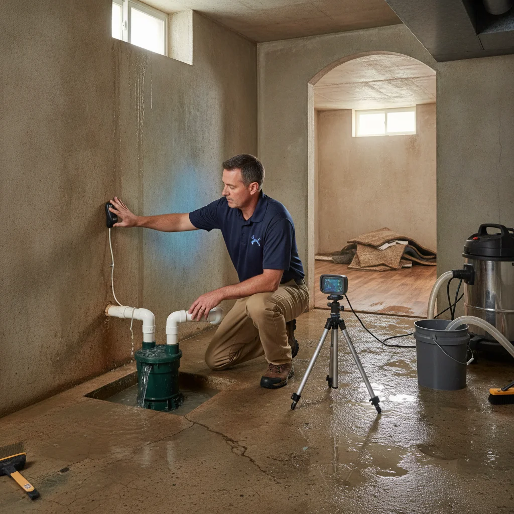 An independent restoration professional assessing basement flooring, walls, and an adjoining room