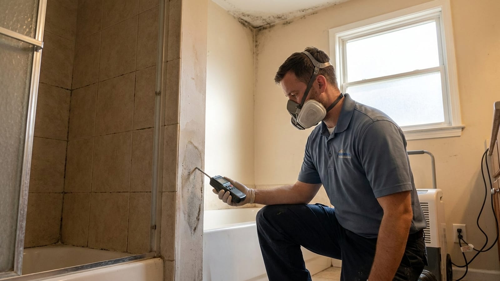 Crecimiento de moho a lo largo del techo del baño y las líneas de lechada en una casa de San Diego, con un técnico inspeccionando la fuente de humedad detrás de la pared