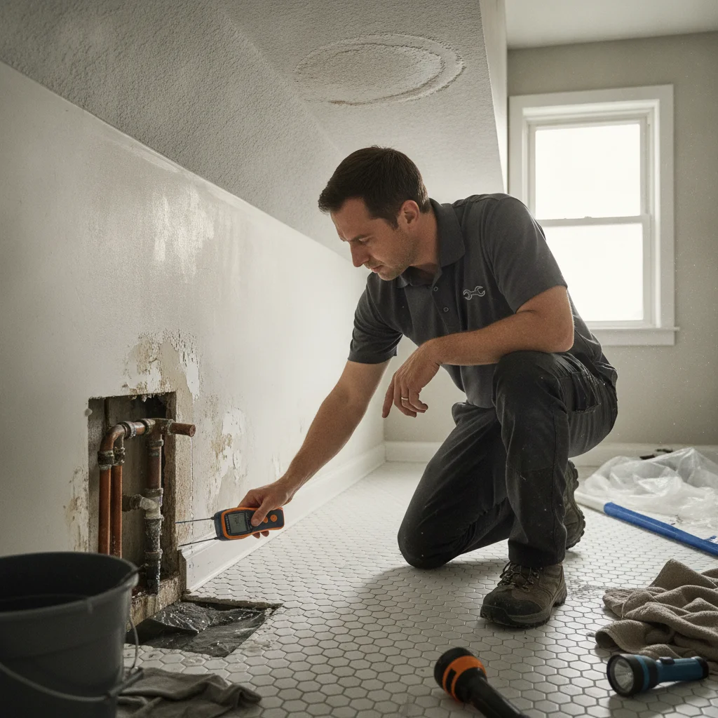An independent restoration professional checking the bathroom floor, adjoining wall, and ceiling below for moisture