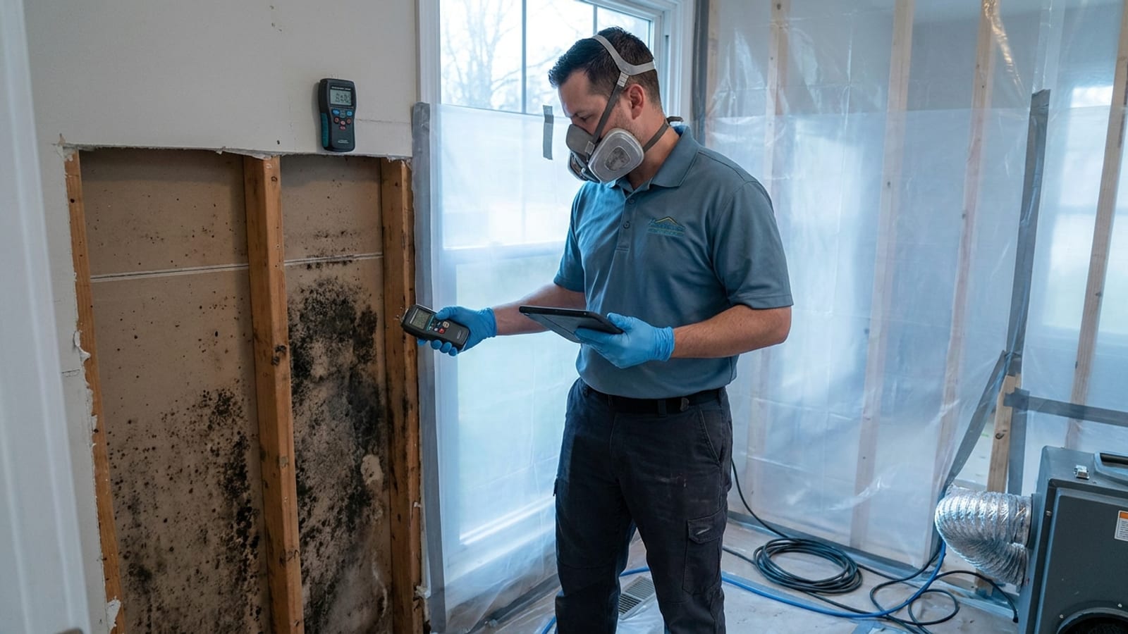 Crecimiento de moho oscuro en la cavidad de una pared expuesta durante una inspección, con un técnico usando respirador y lonas de contención al fondo