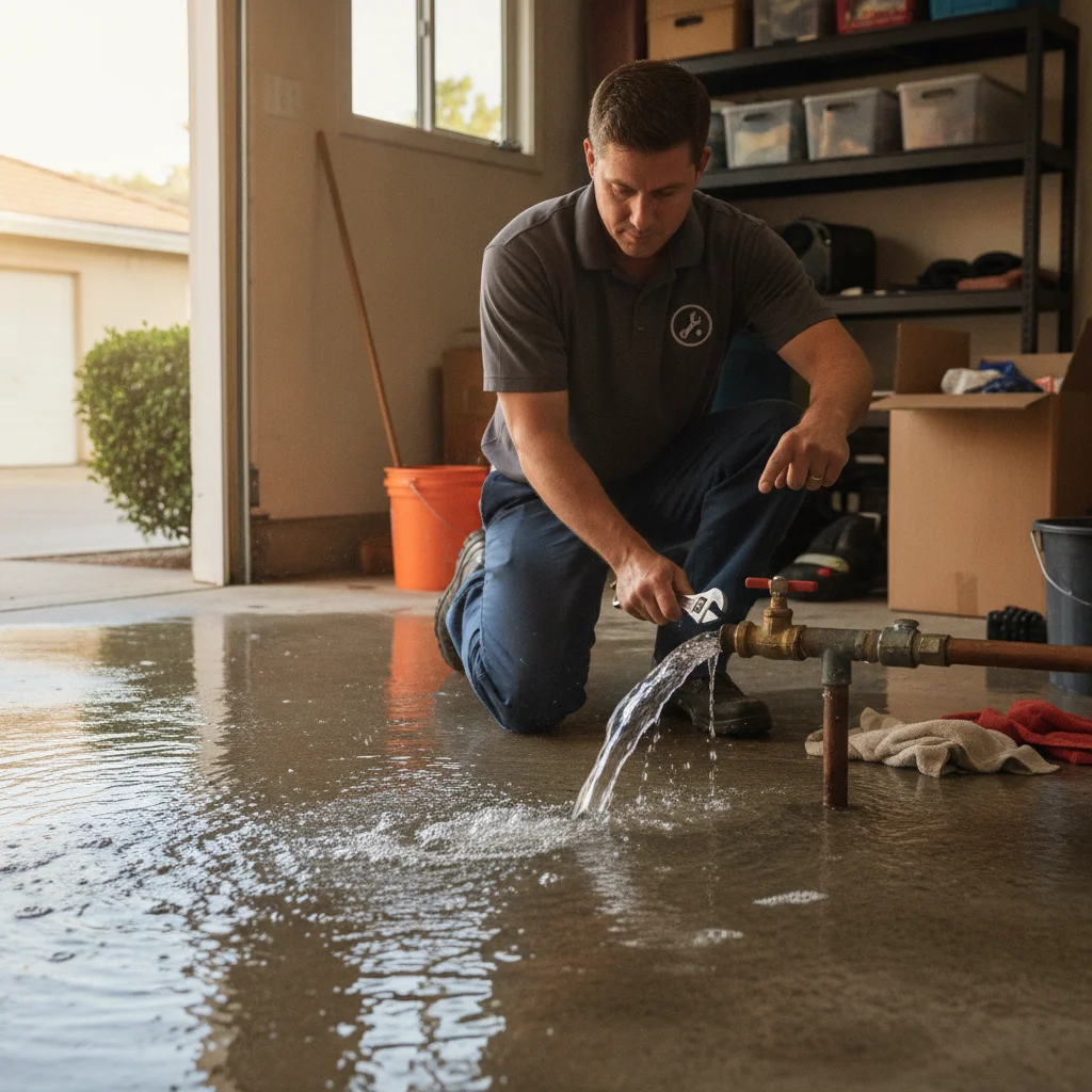 Water spreading from a burst pipe inside an Escondido home