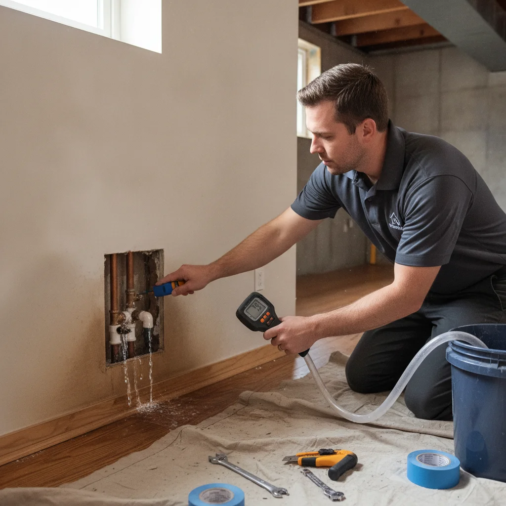 An independent restoration professional checking moisture beyond a repaired pipe opening and nearby flooring