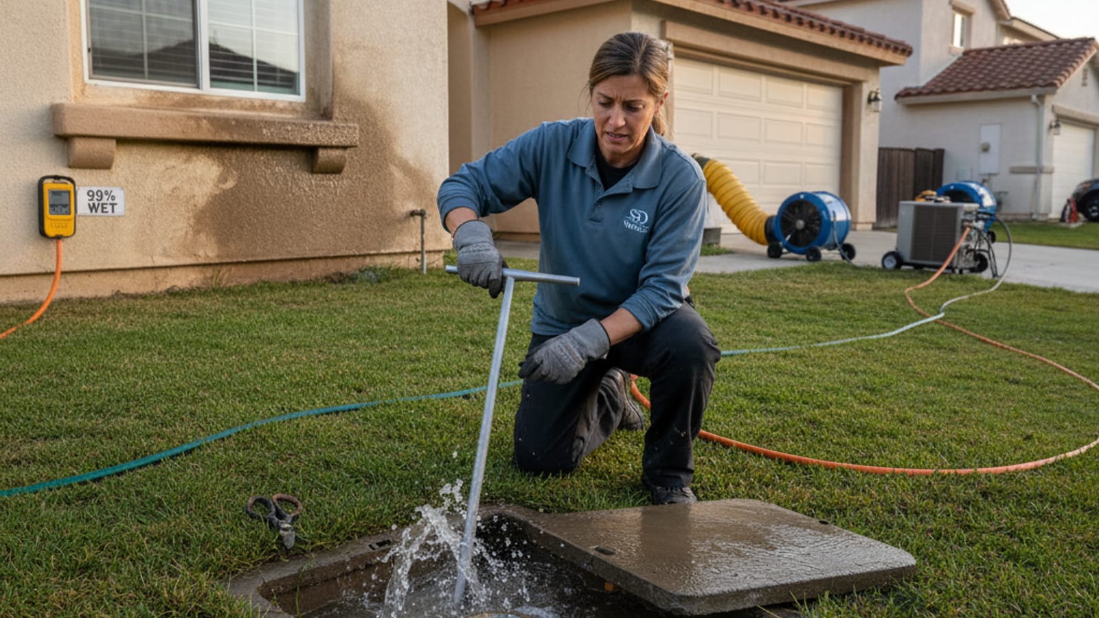 Dueño de casa en San Diego cerrando la válvula principal de agua en el medidor durante una emergencia activa de tubería reventada