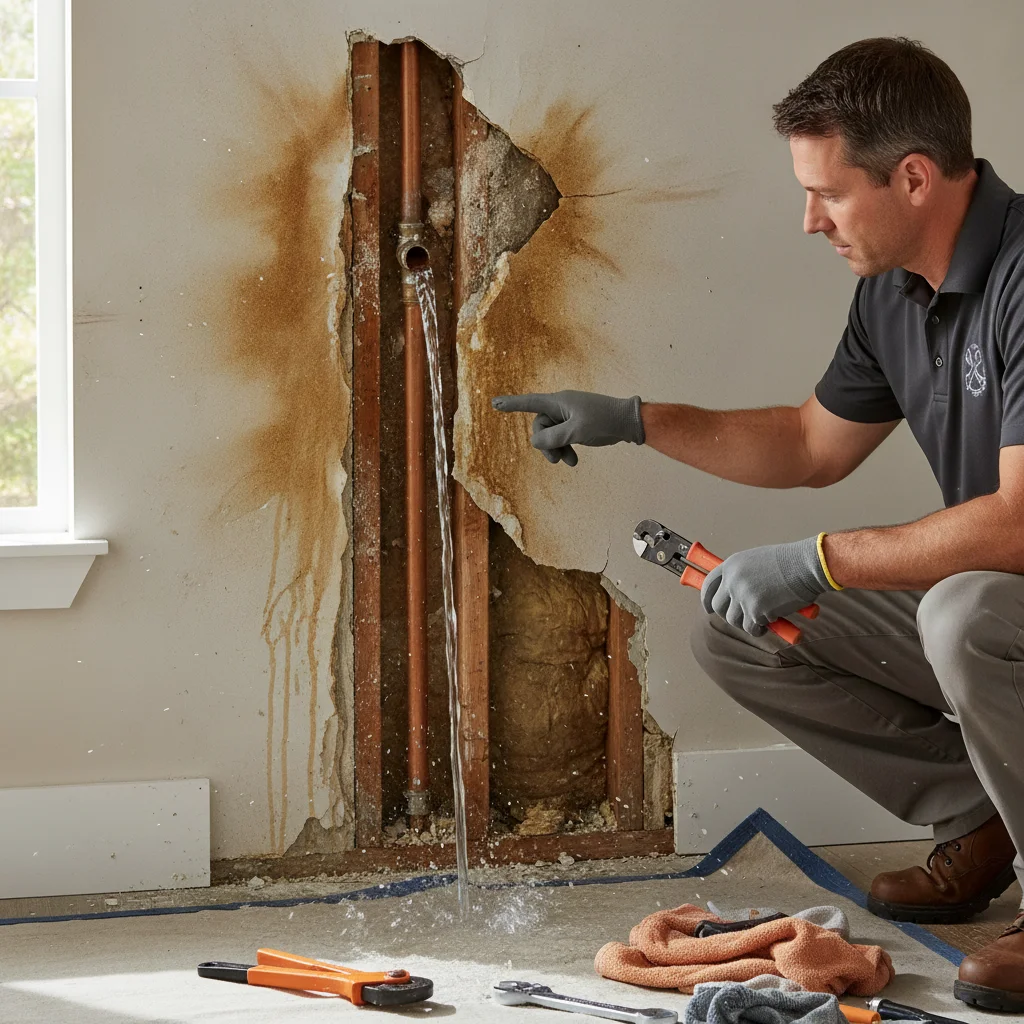 Water damage spreading from an opened wall around a broken pipe
