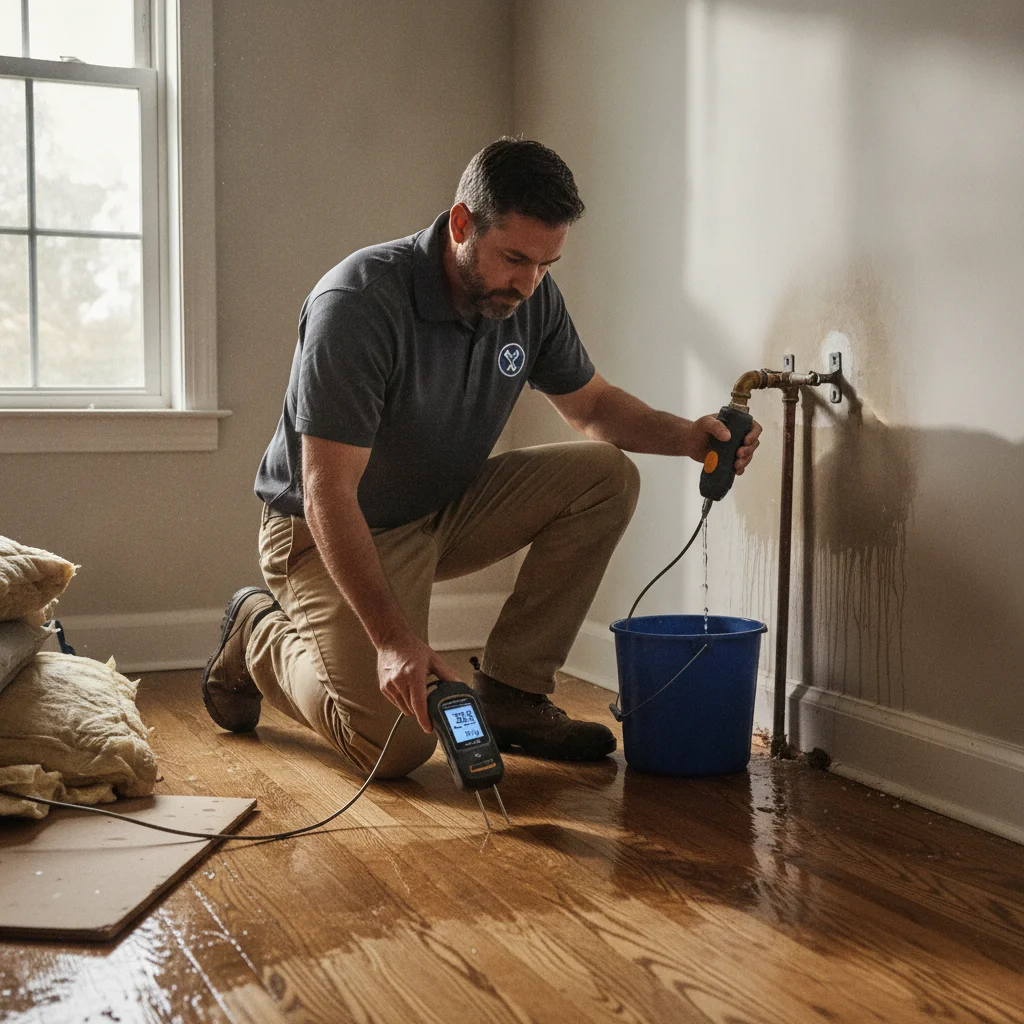An independent restoration professional checking flooring and wall moisture after the pipe source is addressed