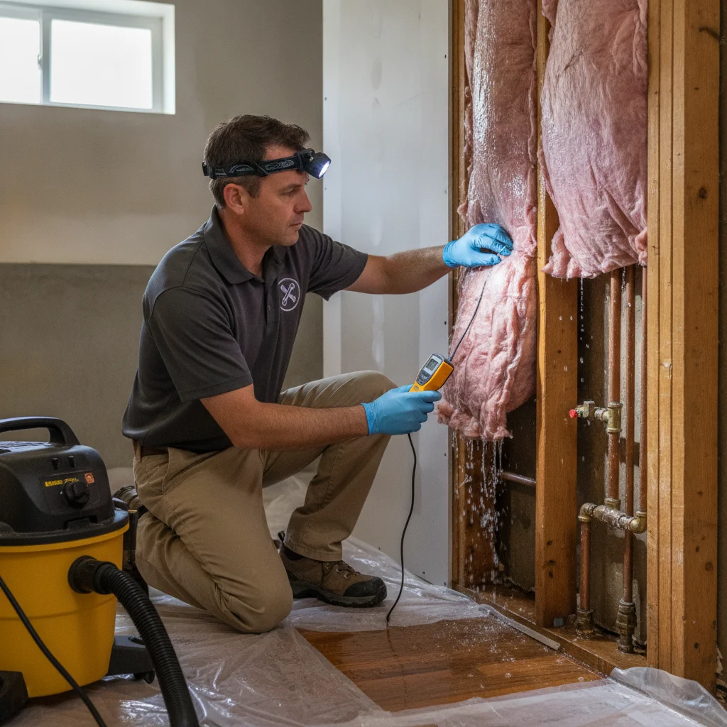 An independent restoration professional assessing wet insulation through a safely opened section of an interior wall