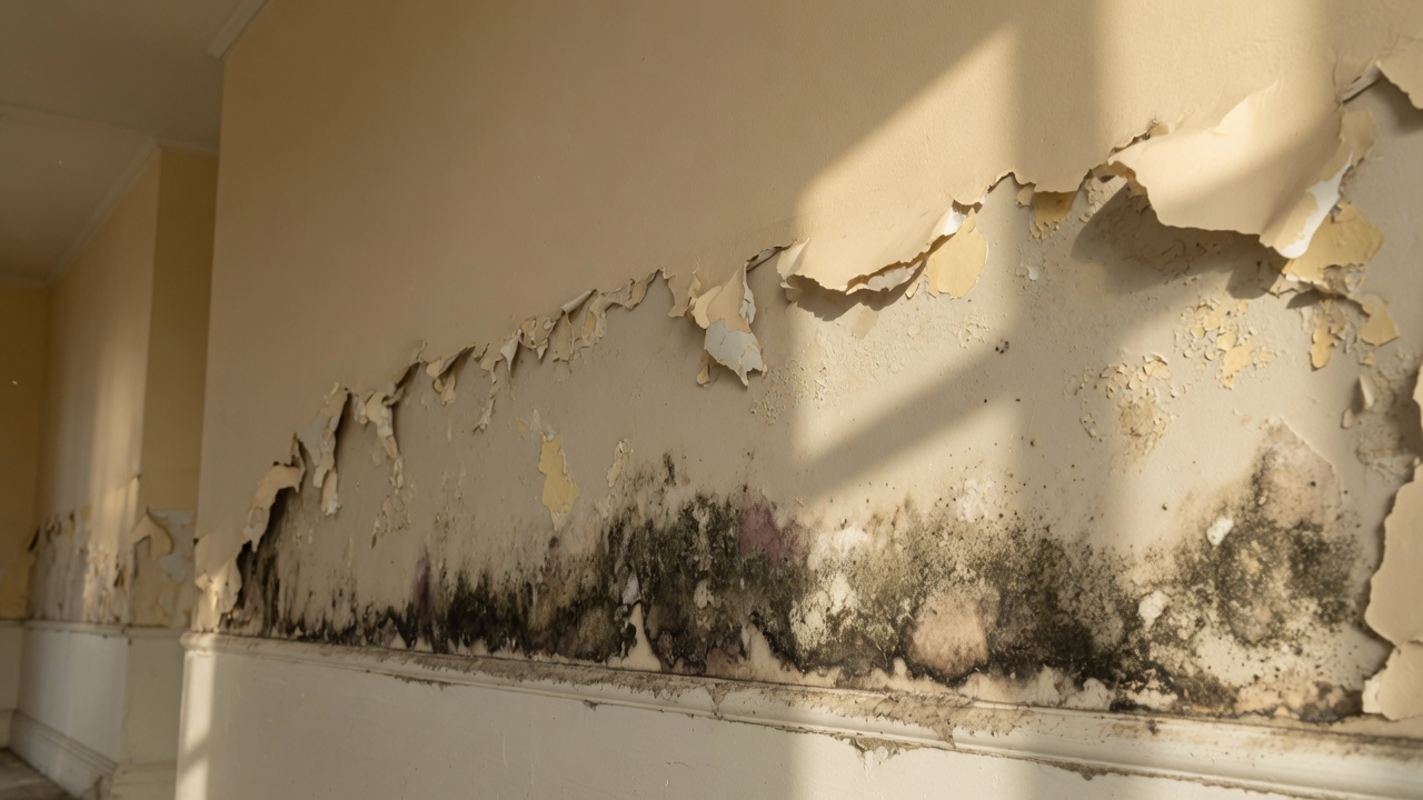 Peeling paint over dark staining on an interior wall after a residential leak