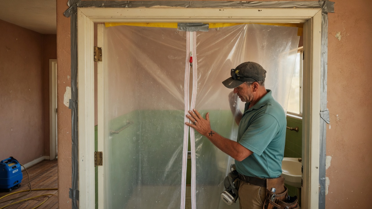 Plastic sheeting across a residential doorway while mold work is planned in the next room