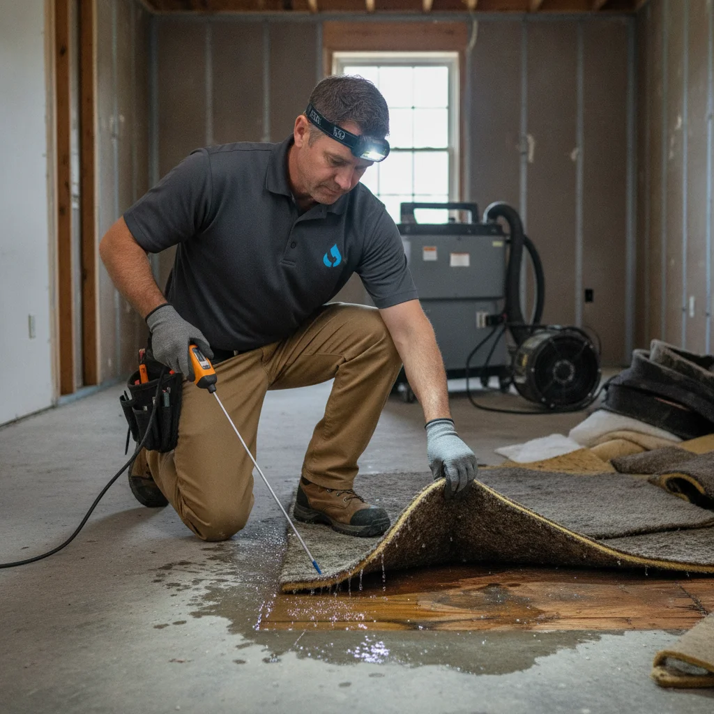 An independent restoration professional checking carpet padding and the subfloor with a moisture meter