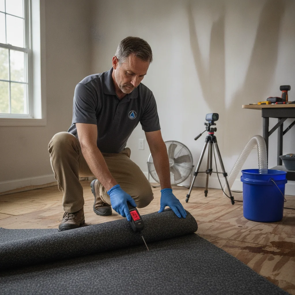 An independent restoration professional assessing carpet, padding, subfloor, and nearby walls