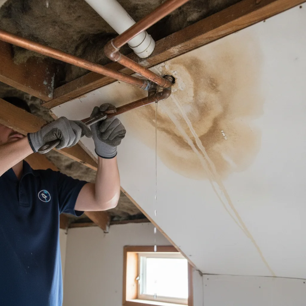 A water-stained ceiling below visible attic plumbing