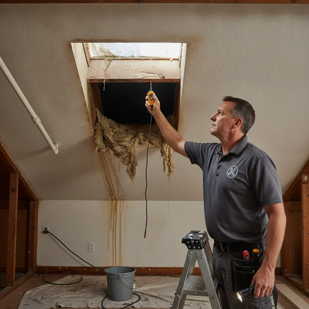 An independent restoration professional checking the ceiling well, insulation, and nearby drywall after a skylight leak