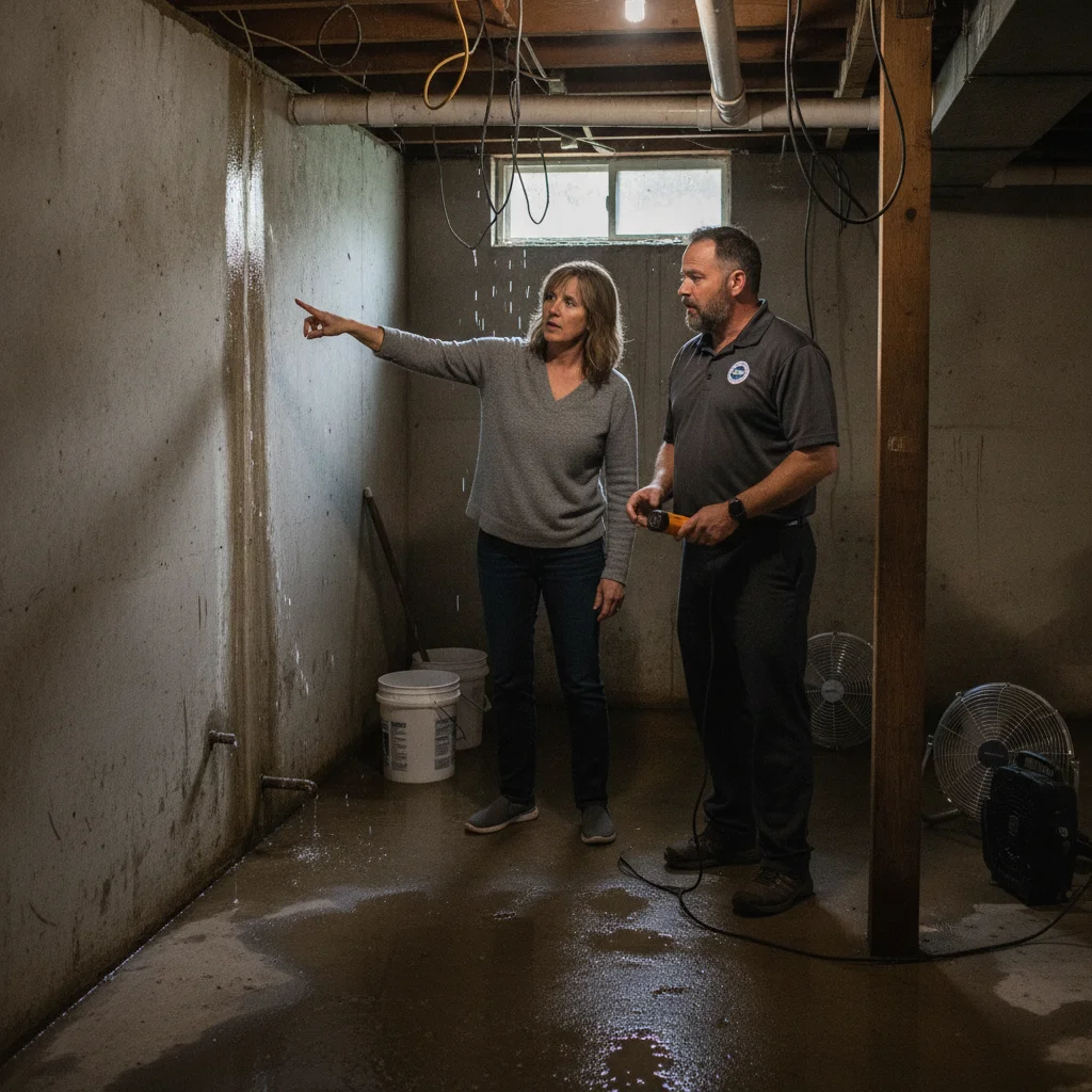 A homeowner and an independent restoration professional standing in a damp basement discussing the work ahead