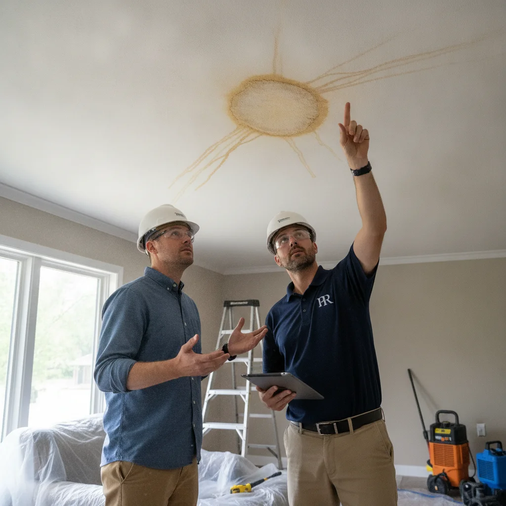 A homeowner and an independent restoration professional looking up at a stained ceiling while talking through the work