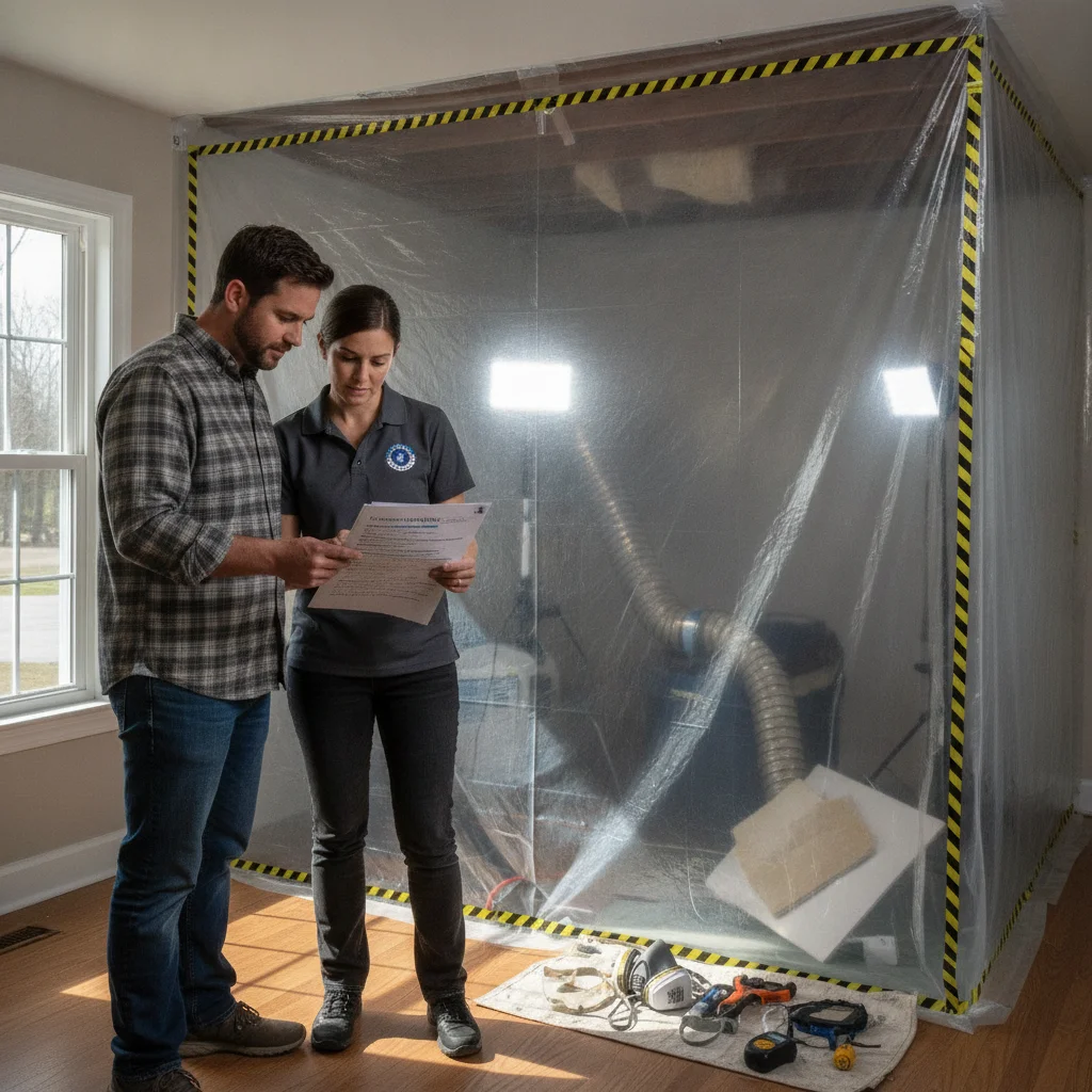Homeowner and independent mold remediation contractor reviewing a written scope