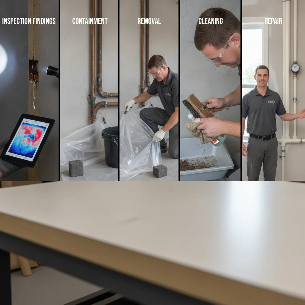 A simple comparison sheet showing inspection findings, containment, removal, cleaning, and repairs