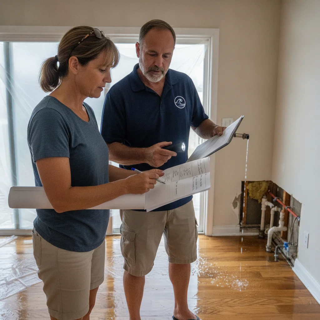 An Oceanside homeowner reviewing a written water damage scope with an independent local professional
