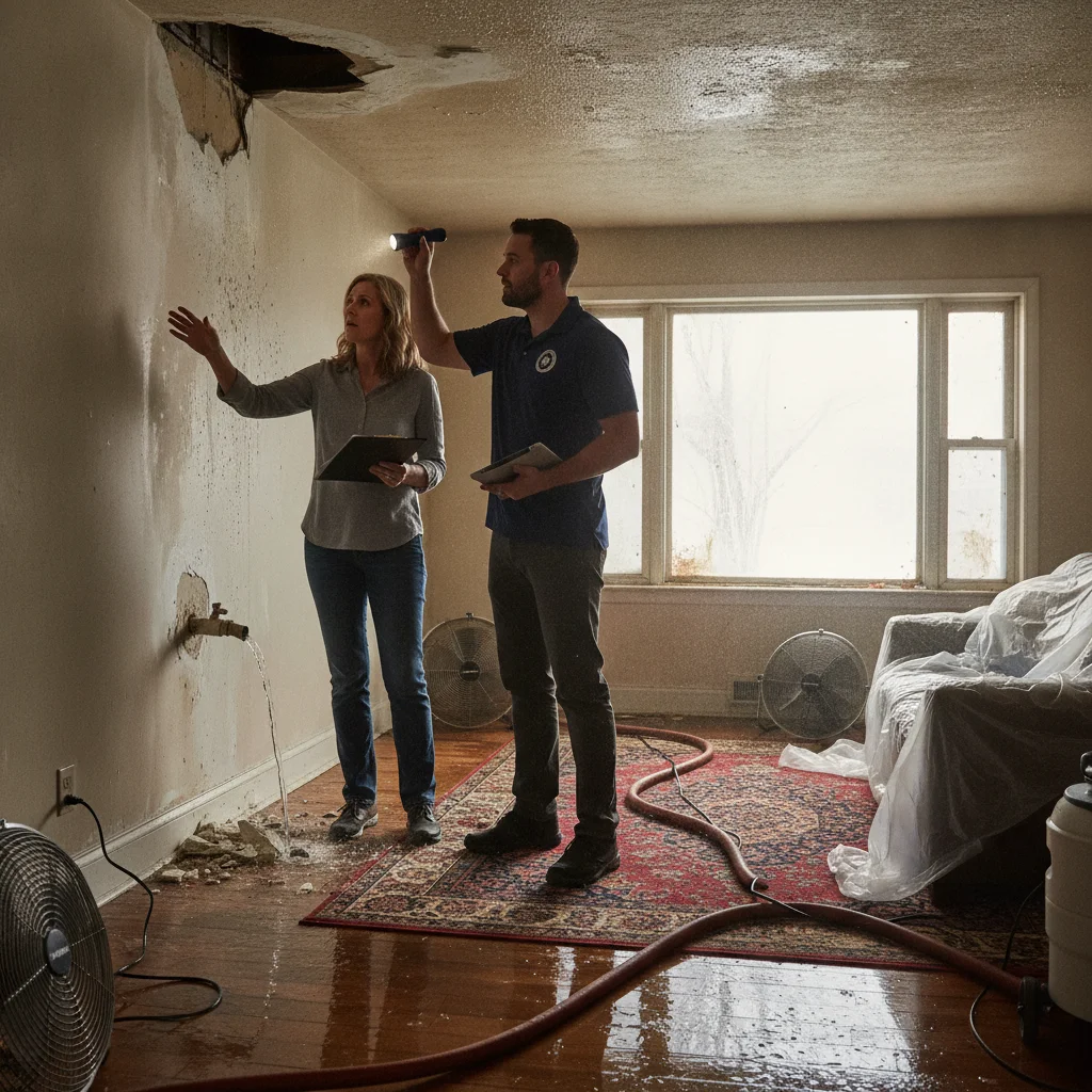 A homeowner and an independent restoration professional walking through a damaged room together with a clipboard