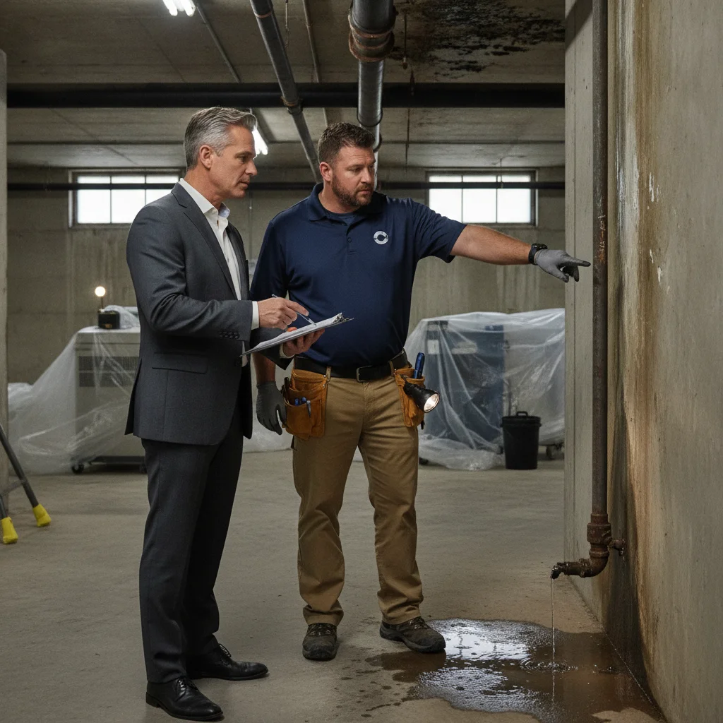A business property representative reviewing a commercial mold remediation scope with an independent local professional