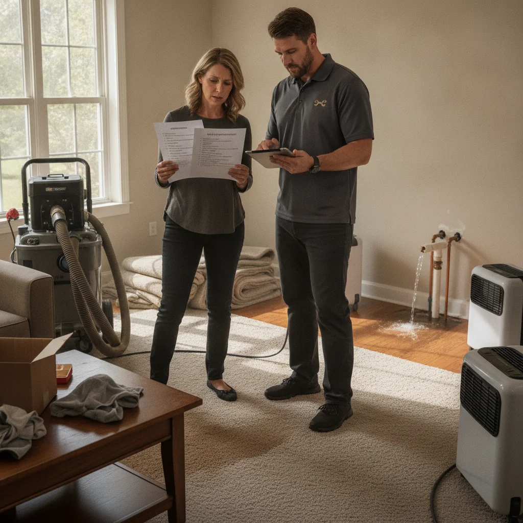 A homeowner comparing written carpet extraction scopes after a residential pipe burst