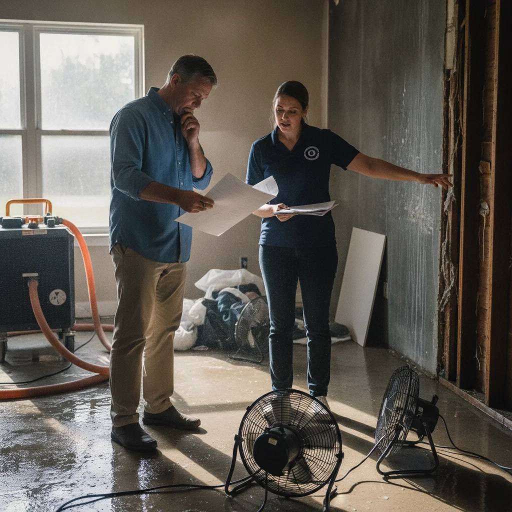Homeowner reviewing written structural drying scopes with a restoration pro
