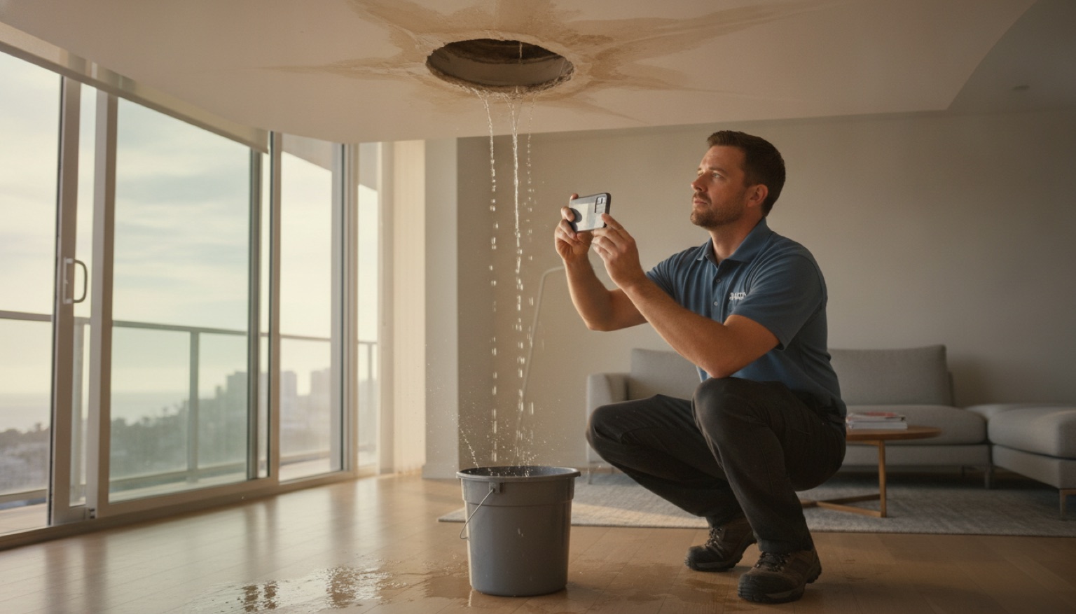 Water dripping from a condo ceiling into a bucket in a San Diego high-rise unit with a restoration technician documenting the damage