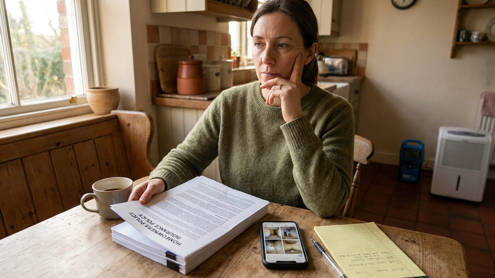 Un dueño de casa en San Diego revisando un documento de póliza de seguro en la mesa de la cocina junto a fotos de daño por agua