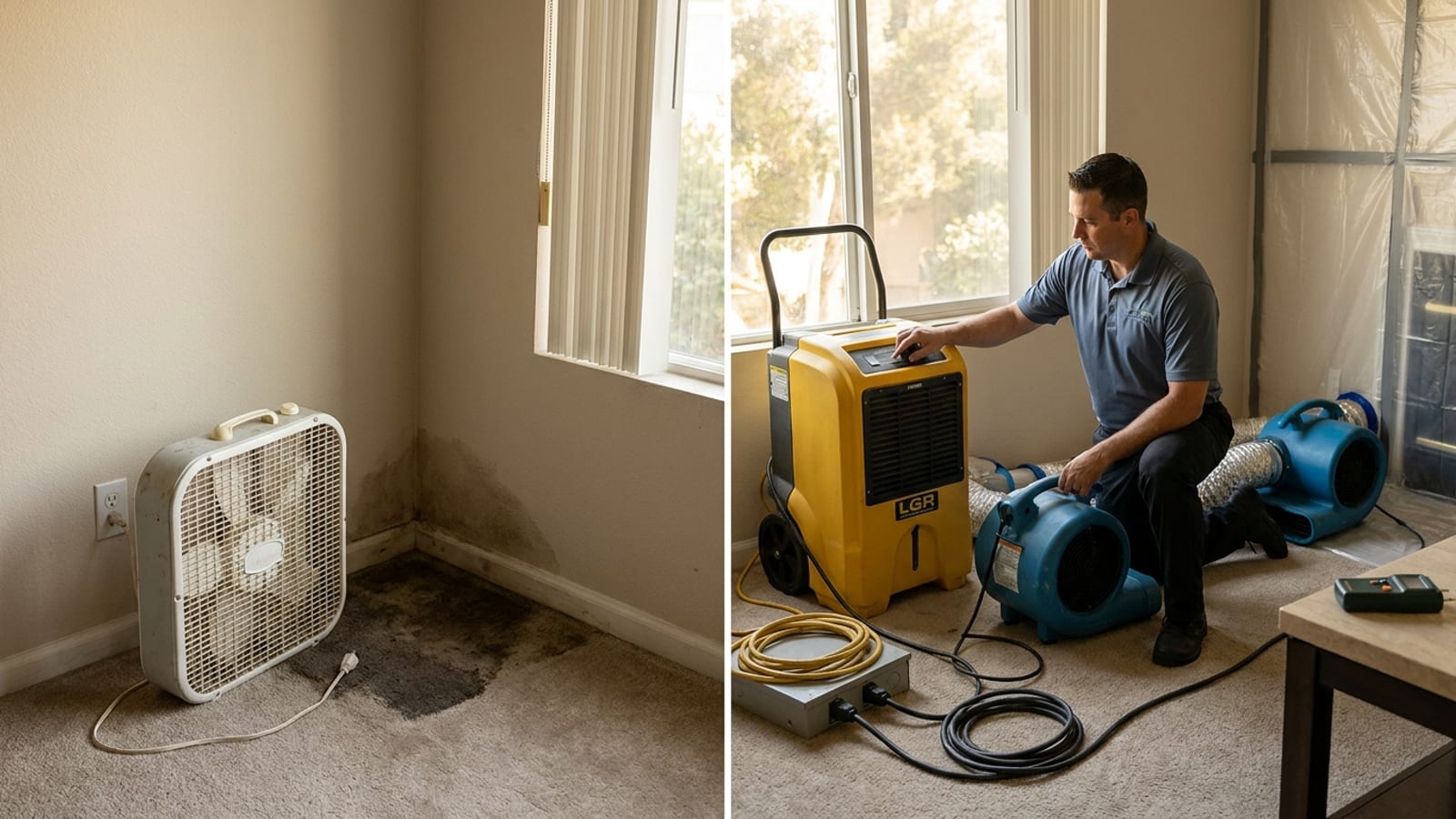 Un dueño de casa con un ventilador doméstico junto a un montaje profesional de restauración con sopladores de aire comerciales y un deshumidificador, comparando el secado DIY con el profesional