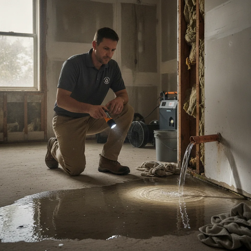 Restoration professional assessing a wet indoor concrete floor