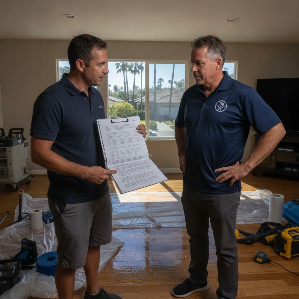 A San Diego County homeowner comparing restoration scopes with a local professional