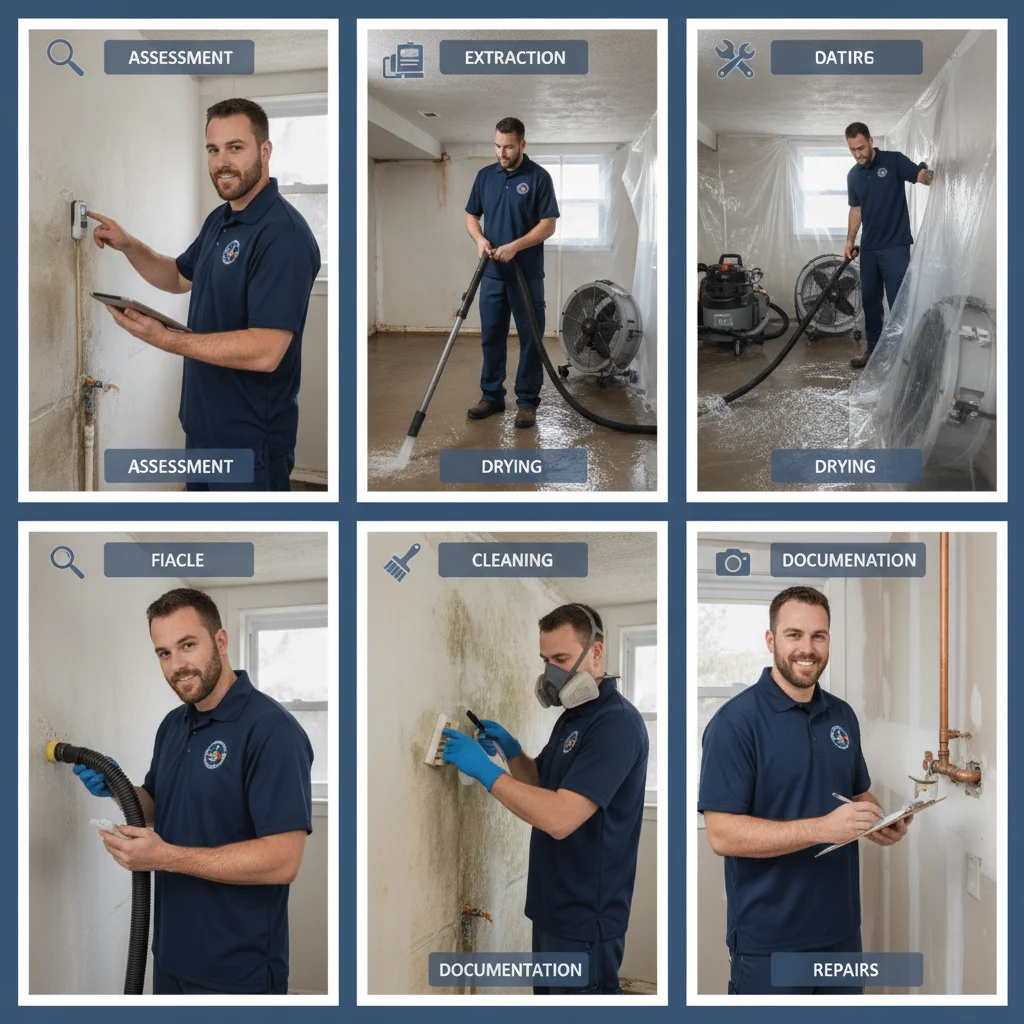 A service scope divided into assessment, extraction, drying, cleaning, documentation, and repairs