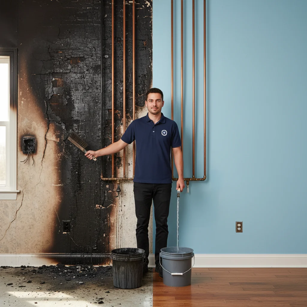 Una imagen dividida que muestra una pared tiznada por el fuego a la izquierda y la misma pared totalmente restaurada y pintada a la derecha.