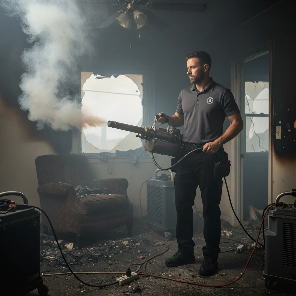 Un técnico de restauración usa un nebulizador térmico para eliminar el olor a humo de una sala.
