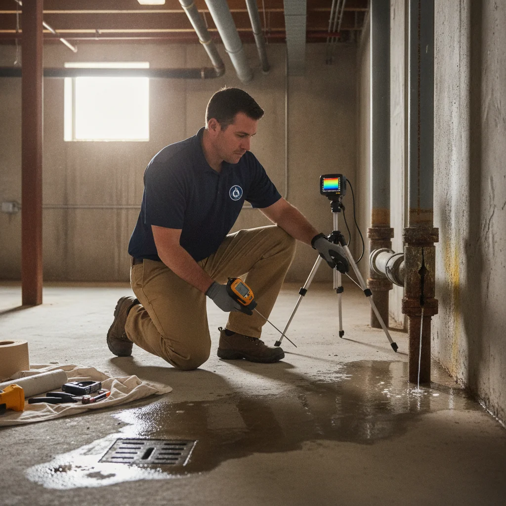 An independent restoration professional mapping moisture around a sprinkler discharge area