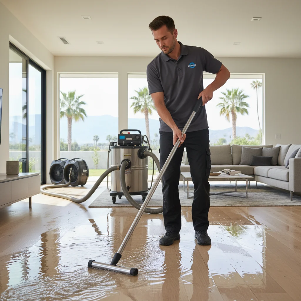 Un técnico profesional de restauración de Restore Pro SD hace limpieza por daño de inundación en una casa de Chula Vista.