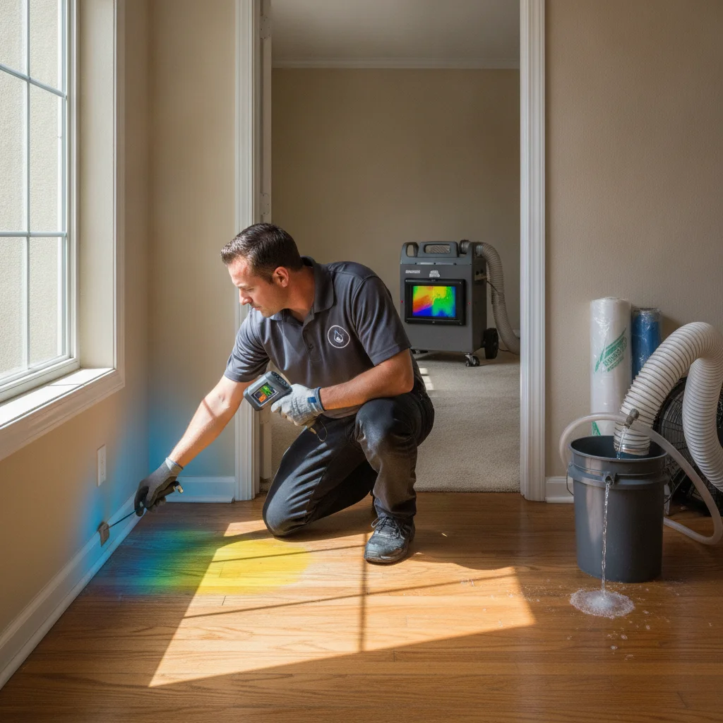 An independent restoration professional mapping moisture along flooring, a wall, and an adjoining room in an Escondido home