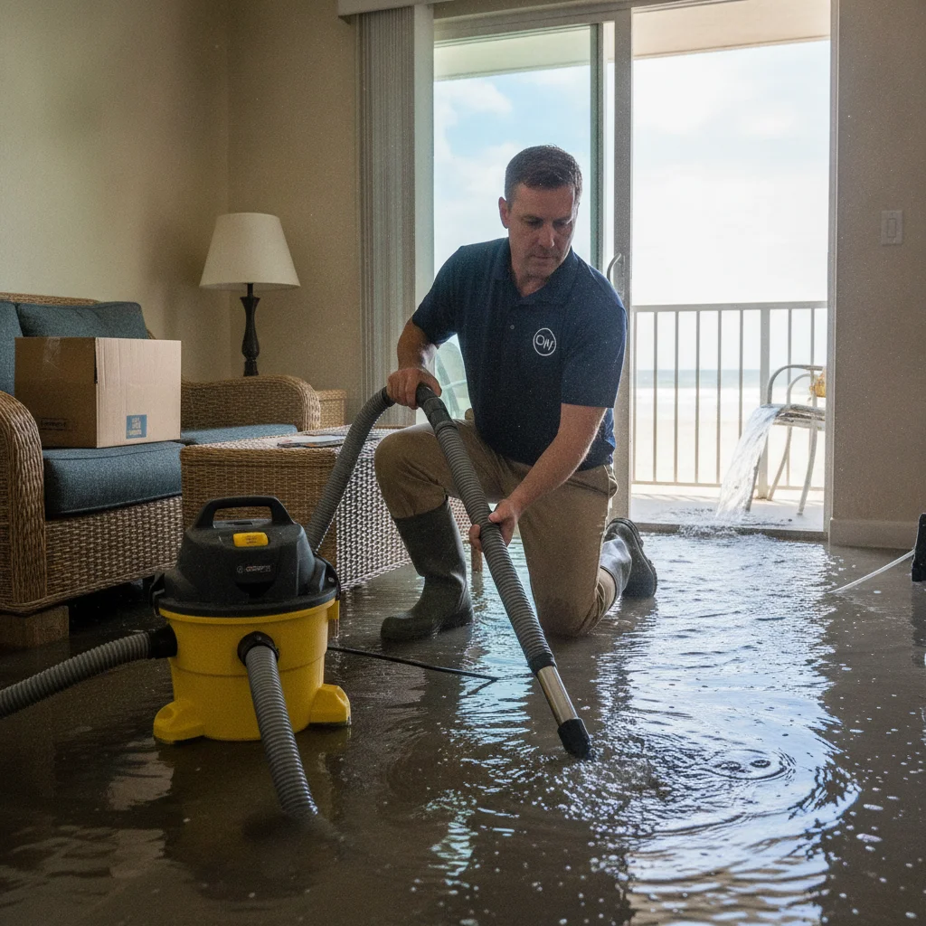 An independent cleanup professional extracting standing water from a small coastal rental unit