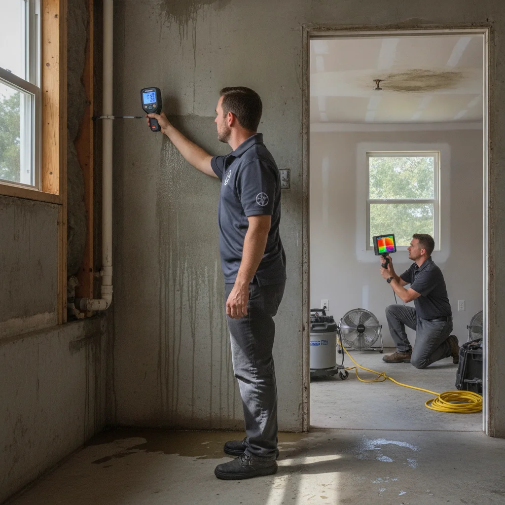 An independent restoration professional mapping moisture along a garage wall and the adjoining interior room