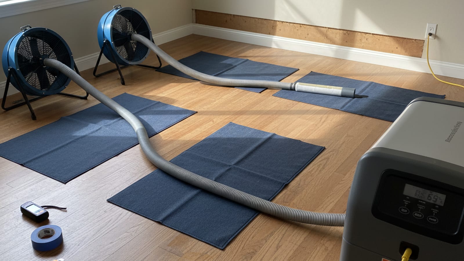 Tablones de piso de madera abarquillados en una casa de San Diego siendo secados con tapetes de piso y un deshumidificador después de una fuga de agua