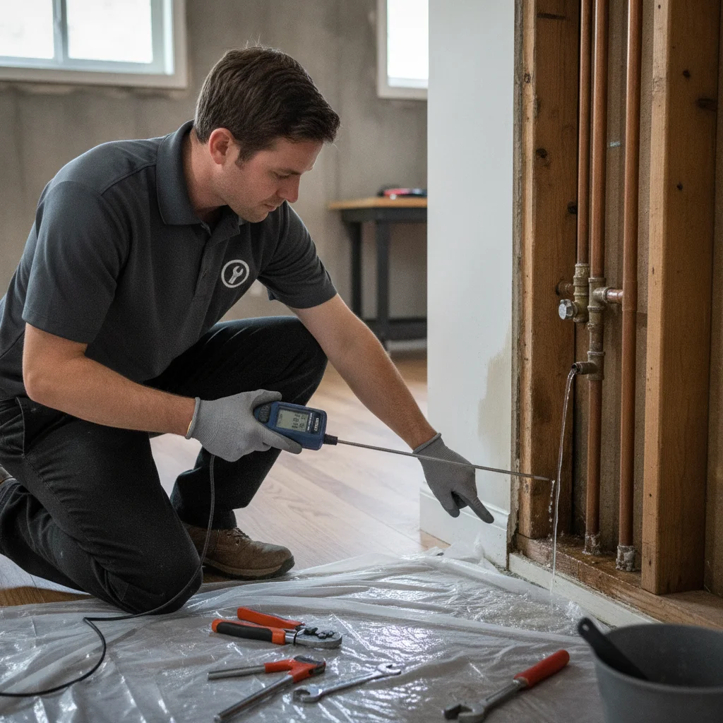 An independent professional checking a baseboard with a moisture meter