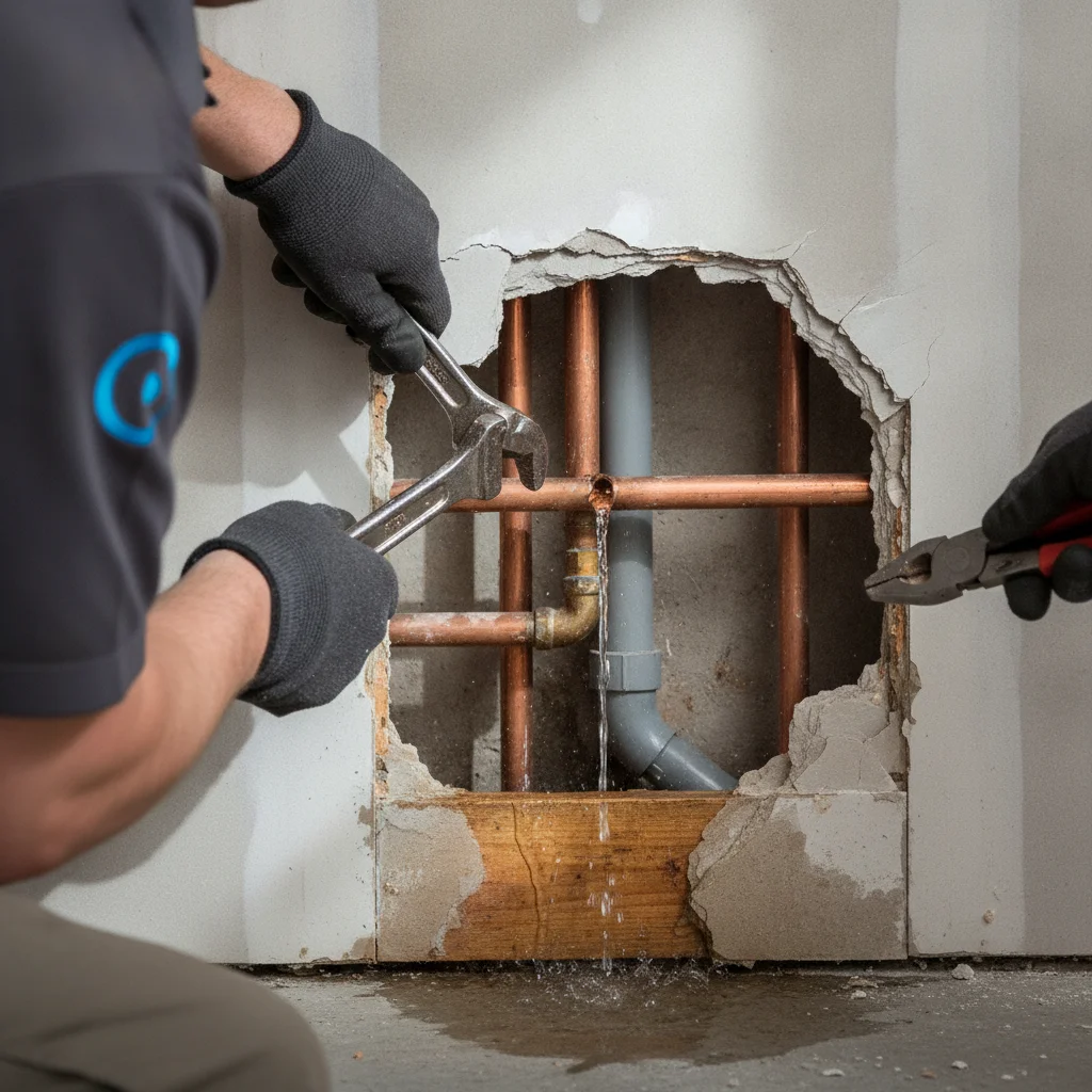 A small opened section of drywall revealing a wet pipe run behind a wall