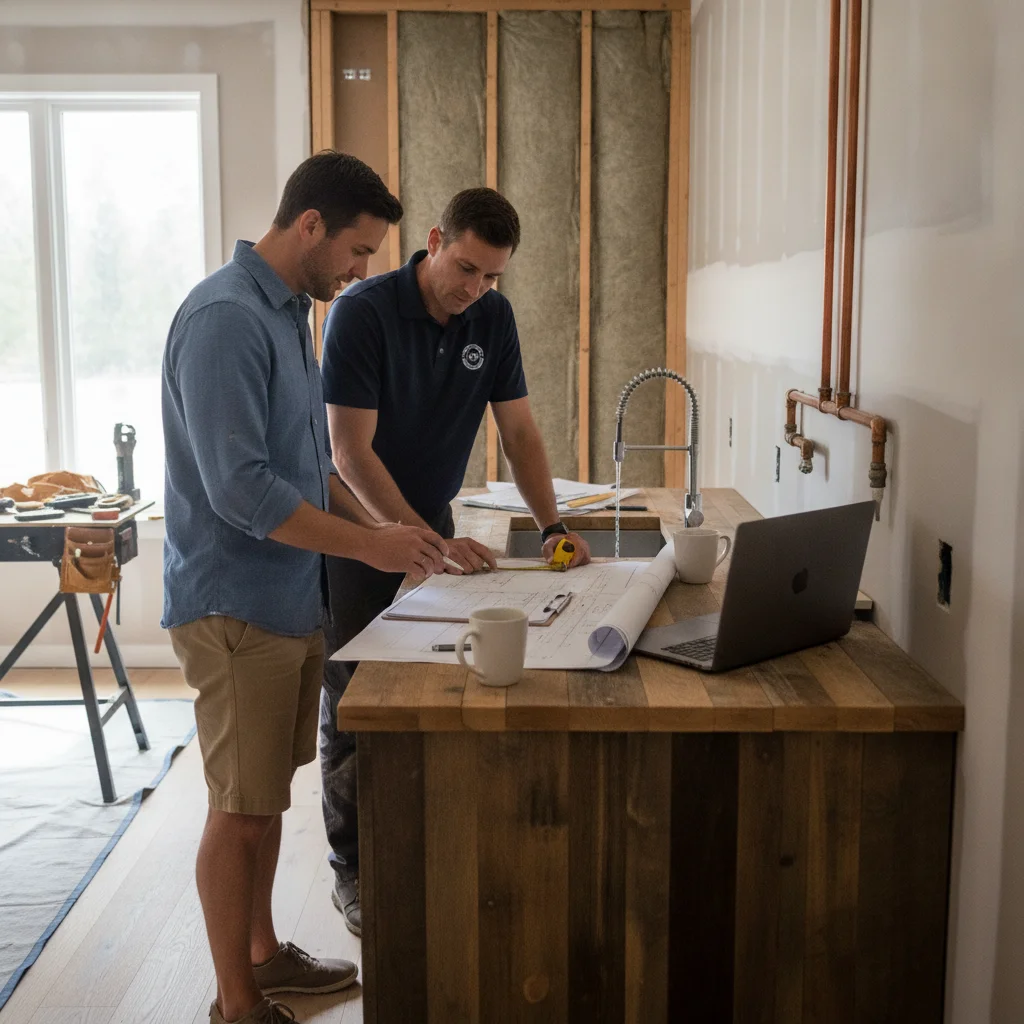 A homeowner and an independent contractor reviewing paperwork at a kitchen counter in a partially rebuilt room