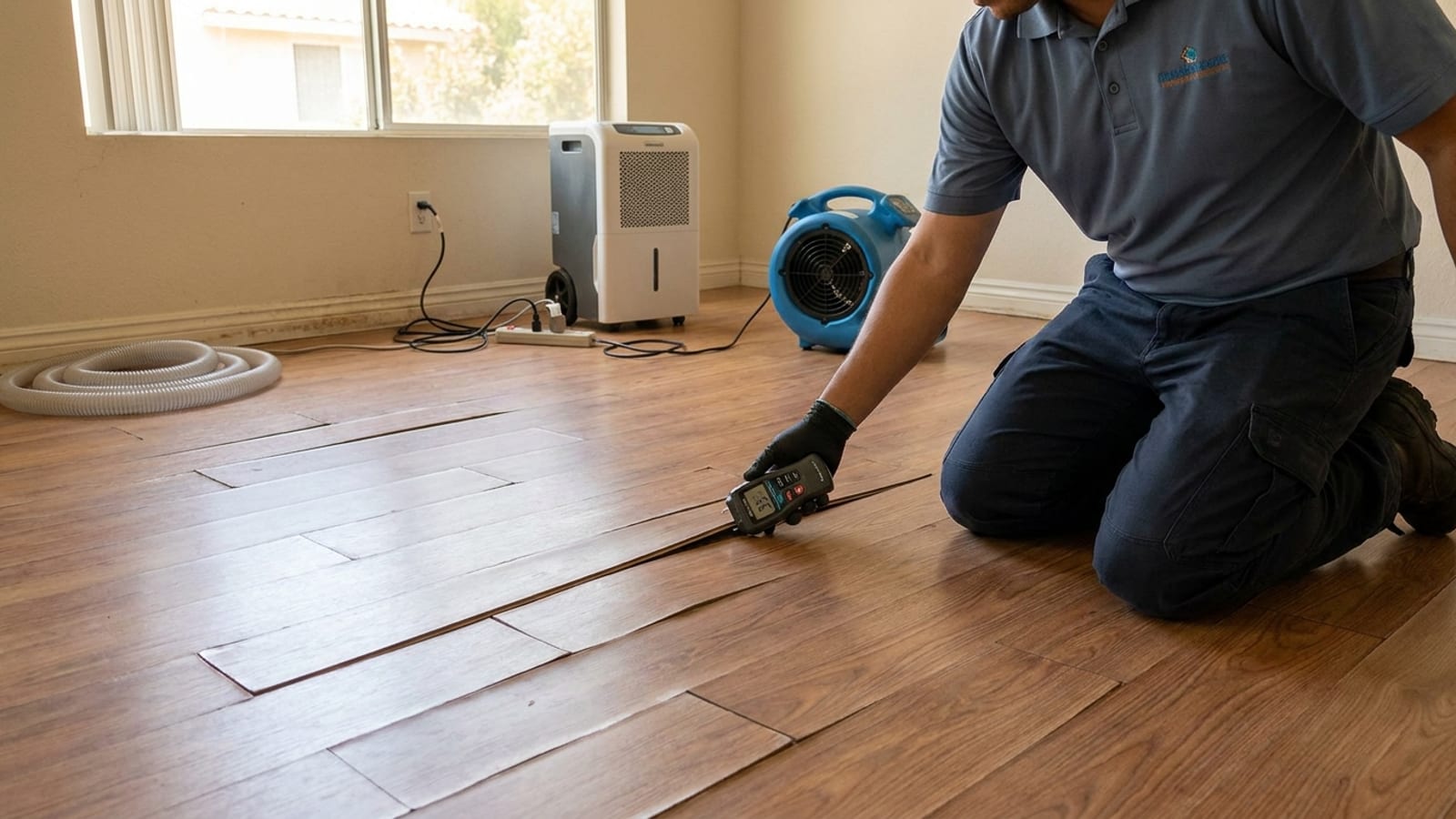 Tablones de piso laminado abombados e hinchados levantándose en las uniones después de exposición al agua en una casa de San Diego, con un medidor de humedad en cuadro