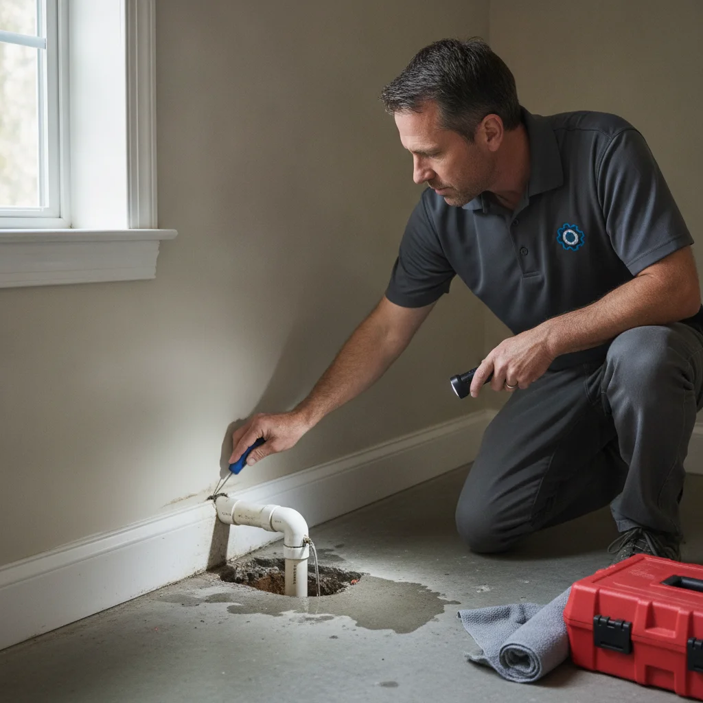 An independent restoration professional checking baseboards, slab edge, and an adjoining wall after an irrigation leak