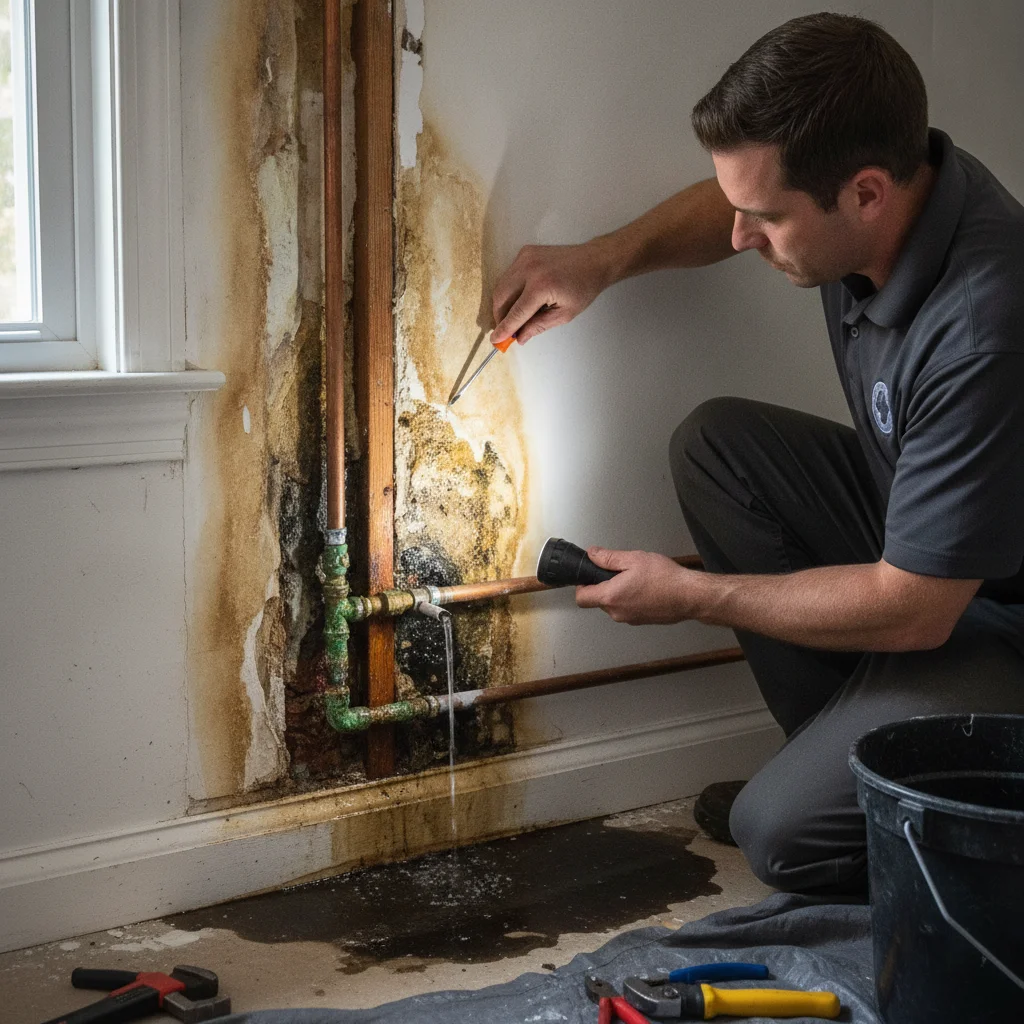 Discoloration behind a removed baseboard after a concealed leak