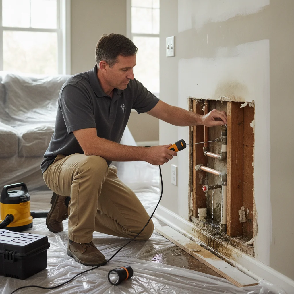 An independent professional assessing a safely opened wall and nearby baseboards after a hidden leak